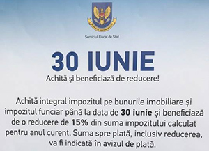 30 iunie termenul limită de achitare a impozitului pe bunurile imobiliare pentru persoanele care doresc să beneficieze de reducere de 15%.