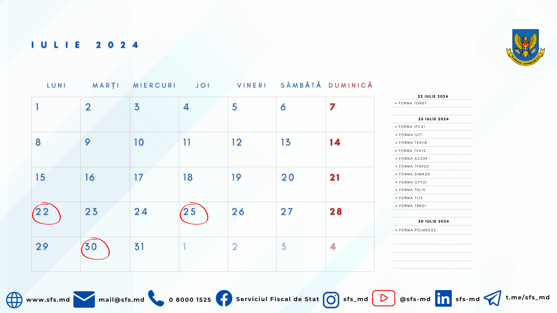 Calendarul fiscal al contribuabilului pentru luna iulie 2024
