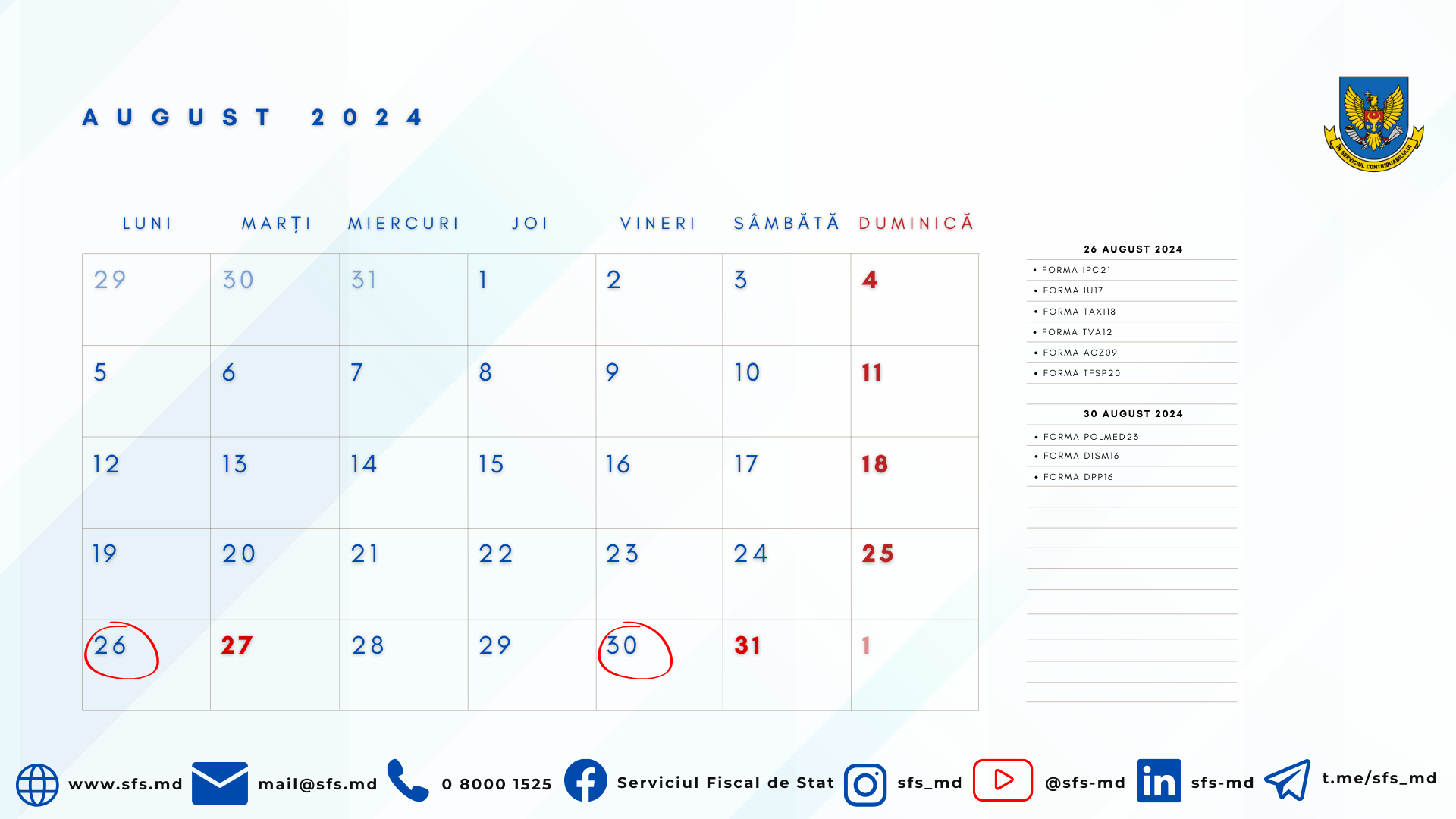 Calendarul fiscal al contribuabilului pentru luna august 2024