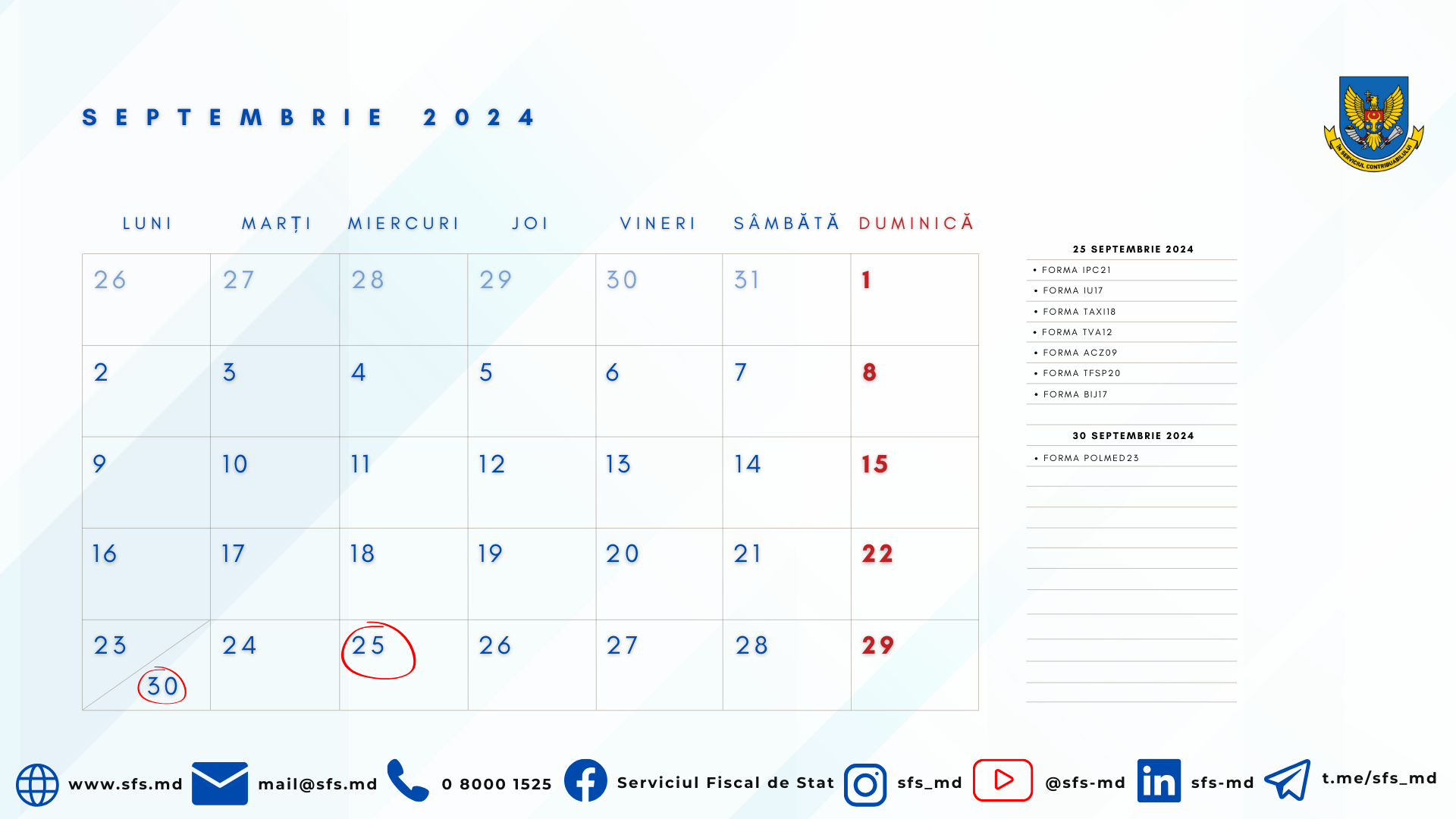 Calendarul fiscal al contribuabilului pentru luna septembrie 2024