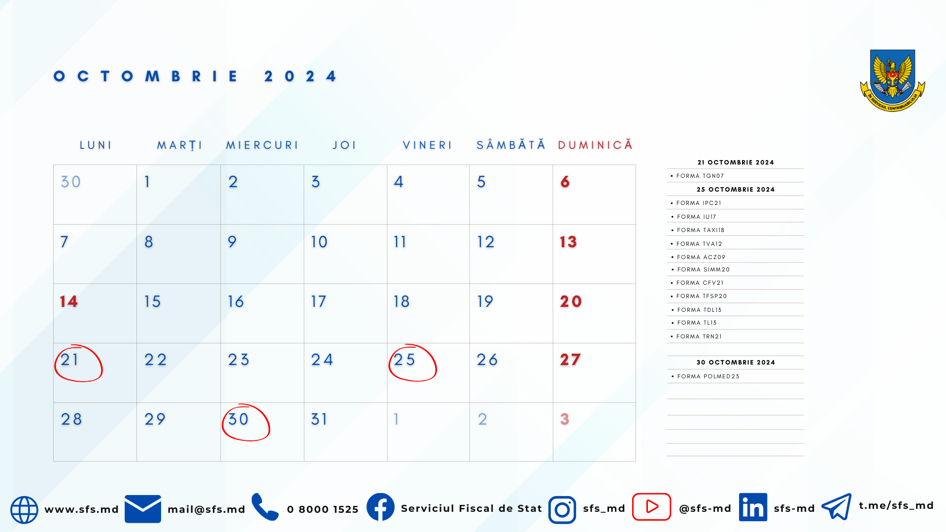 Calendarul fiscal al contribuabilului pentru luna octombrie 2024   