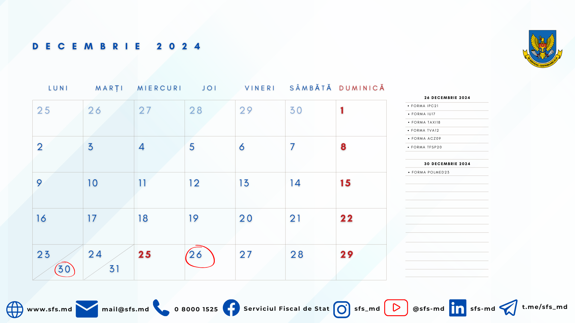 Calendarul fiscal al contribuabilului pentru luna decembrie 2024   