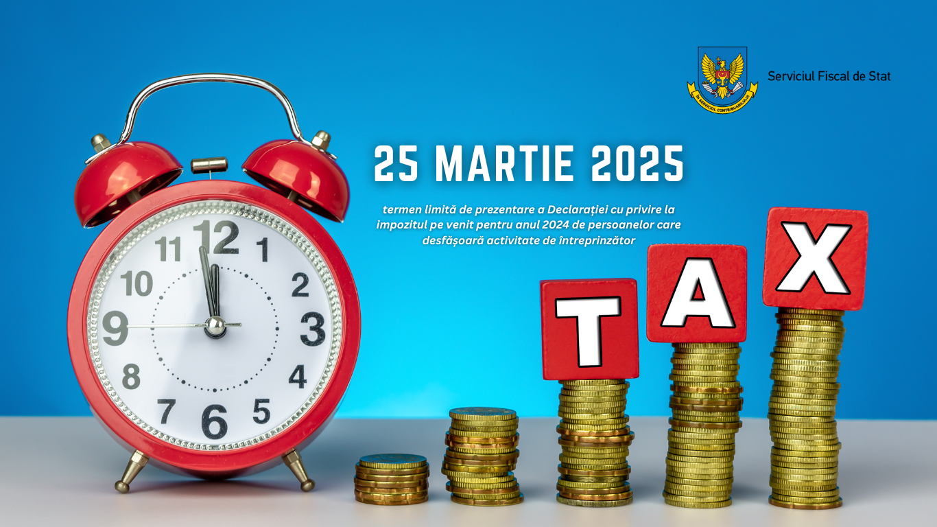 25 martie 2025 – termen limită de prezentare a Declarației cu privire la impozitul pe venit pentru anul 2024 de persoanelor care desfășoară activitate de întreprinzător