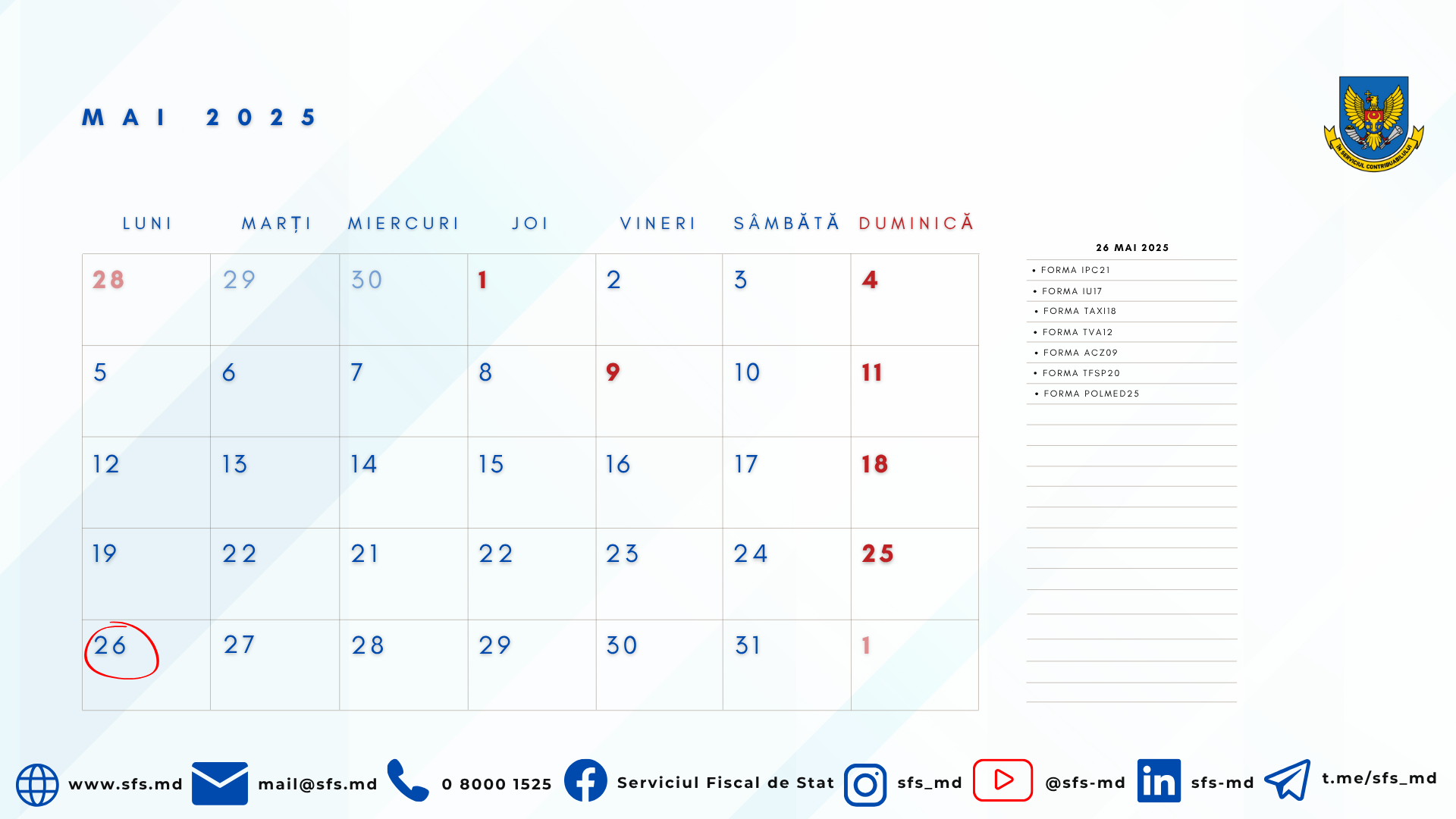 Calendarul fiscal al contribuabilului pentru luna mai 2025