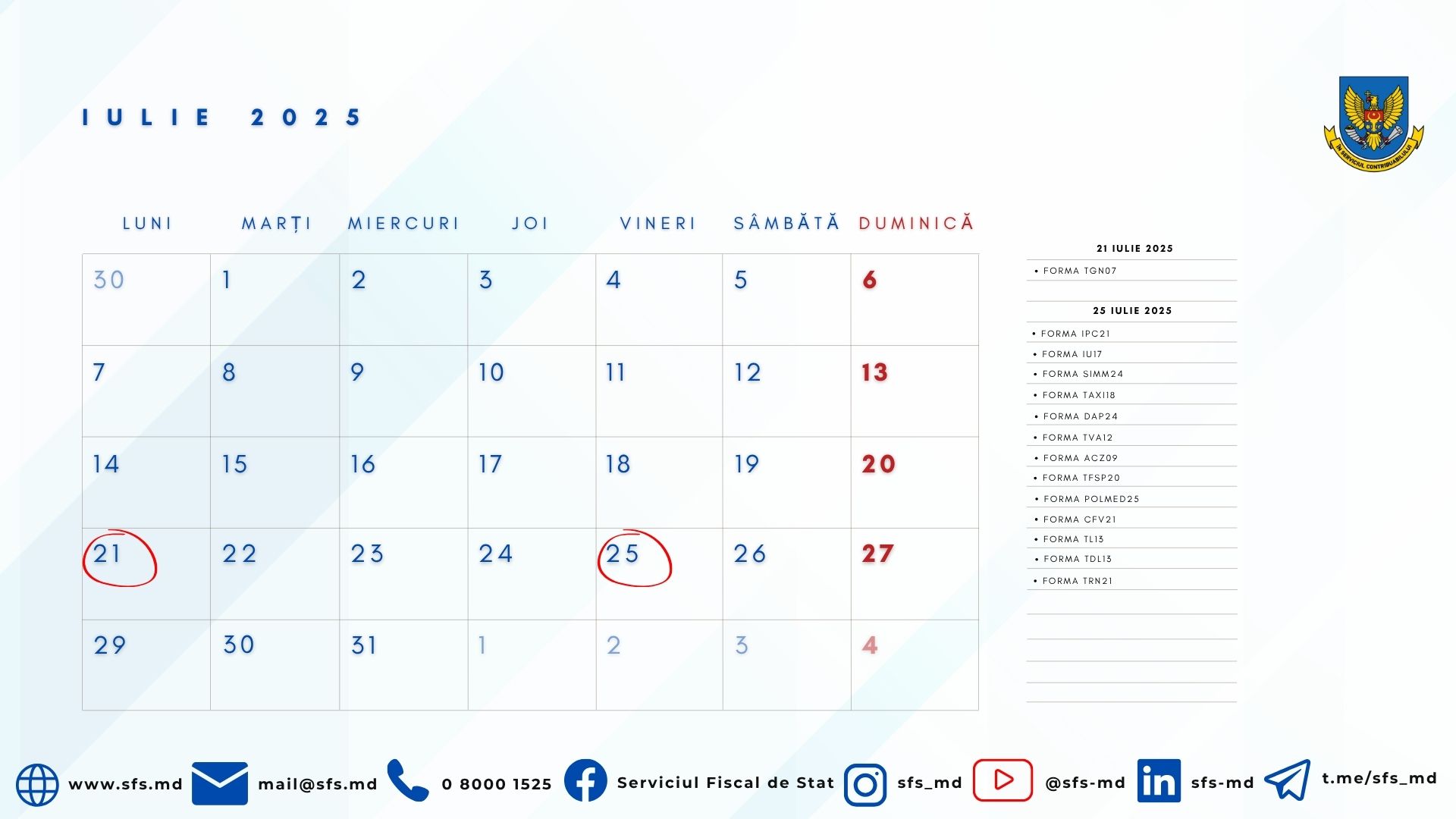 Calendarul fiscal al contribuabilului pentru luna iulie 2025