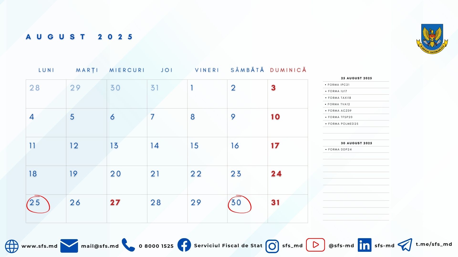 Calendarul fiscal al contribuabilului pentru luna august 2025