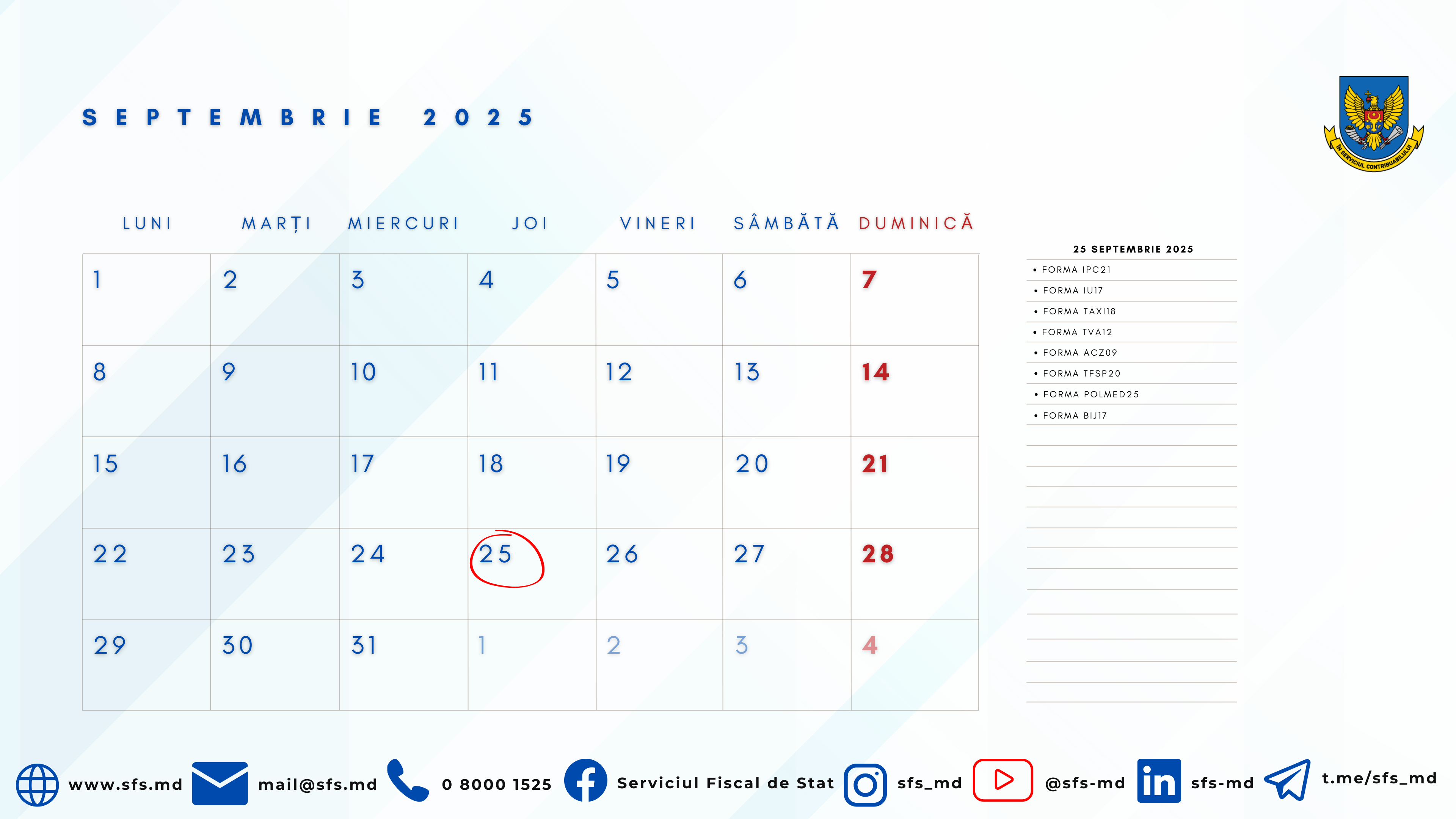 Calendarul fiscal al contribuabilului pentru luna septembrie 2025   
