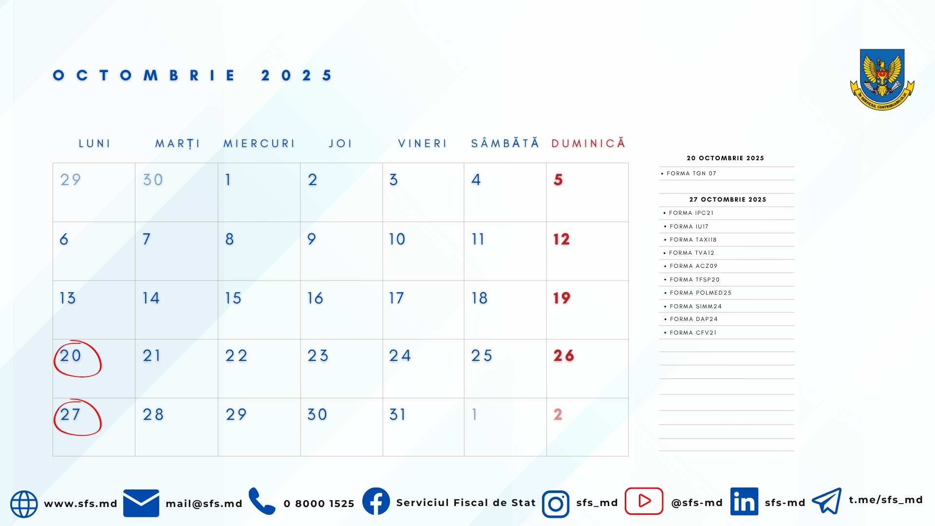 Calendarul fiscal al contribuabilului pentru luna octombrie 2025