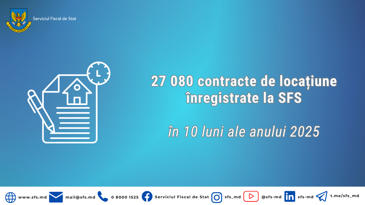 27 080 contracte de locațiune înregistrate la SFS în 10 luni ale anului 2025. Încasările la impozitul pe venit – în creștere cu 27,2%